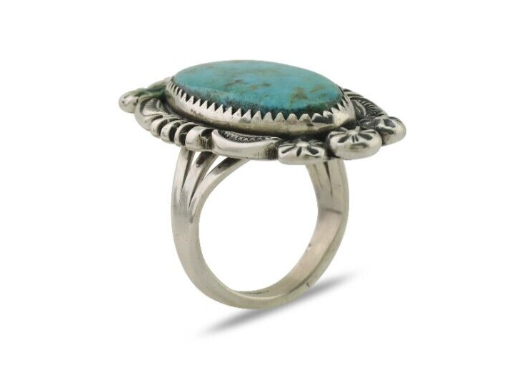 Navajo Ring 925 Silver Kingman Turquoise Big Oval Stone C.80's