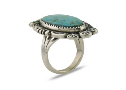 Navajo Ring 925 Silver Kingman Turquoise Big Oval Stone C.80's