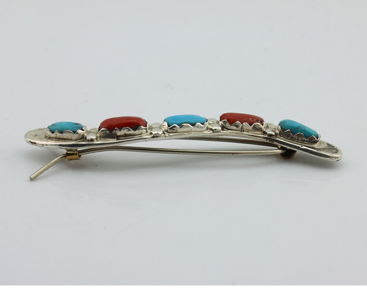 Women's Zuni Hair Clip Barrette 925 Silver Coral & Turquoise Signed B&N NASTACIO