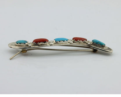 Women's Zuni Hair Clip Barrette 925 Silver Coral & Turquoise Signed B&N NASTACIO