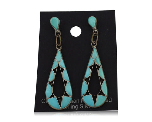 Navajo Handmade Earrings 925 Silver Blue Turquoise Native Artist C.80's