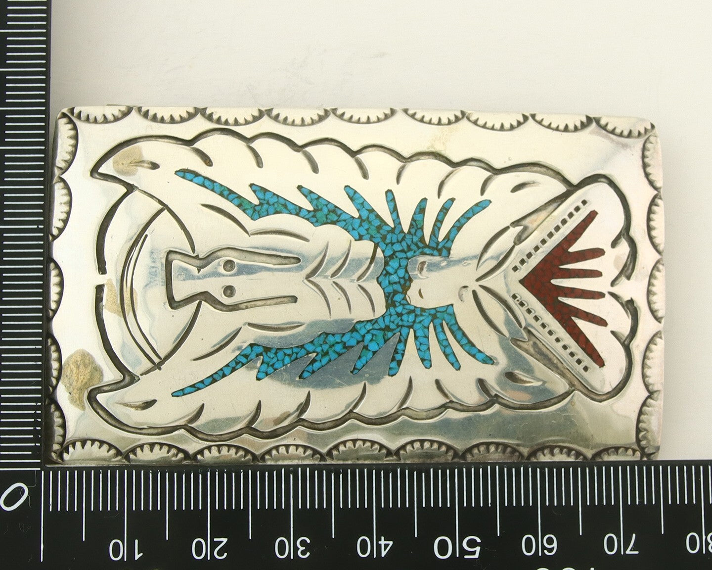 Vintage Navajo Belt Buckle 925 Sterling Silver Handmade Inlaid Gemstone Signed B