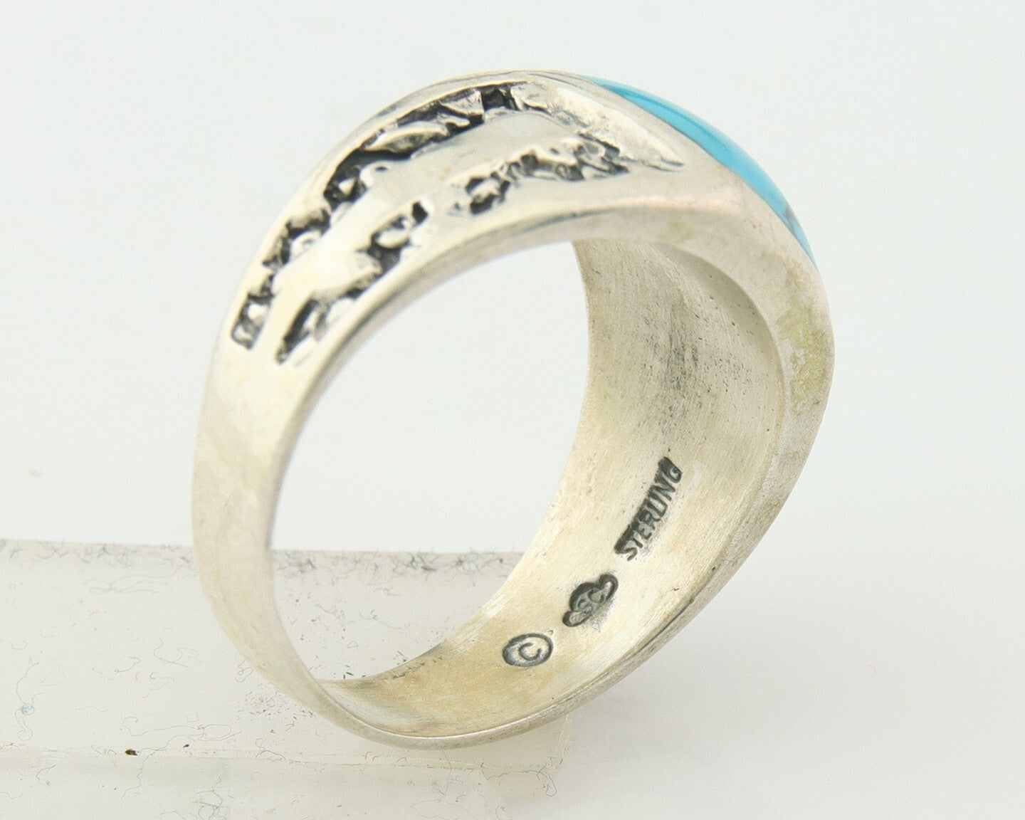 Men Vintage Nugget Ring 925 Sterling Turquoise Artist Signed SC Size 10.25