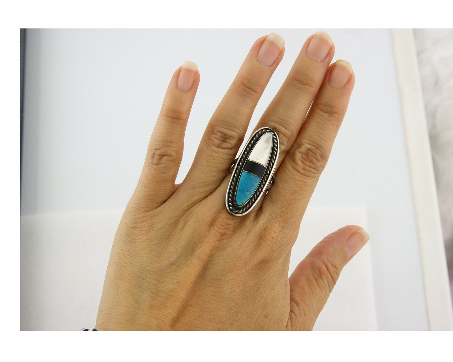 Vintage Navajo Ring 925 Sterling Silver Turquoise Signed Wilbur Yazzie Size 8.0