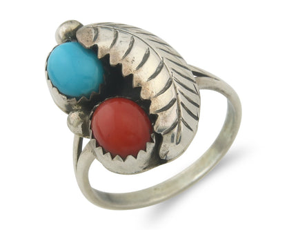 Navajo Ring 925 Sterling Natural Coral & Turquoise Signed BB C.80's Size 7.0