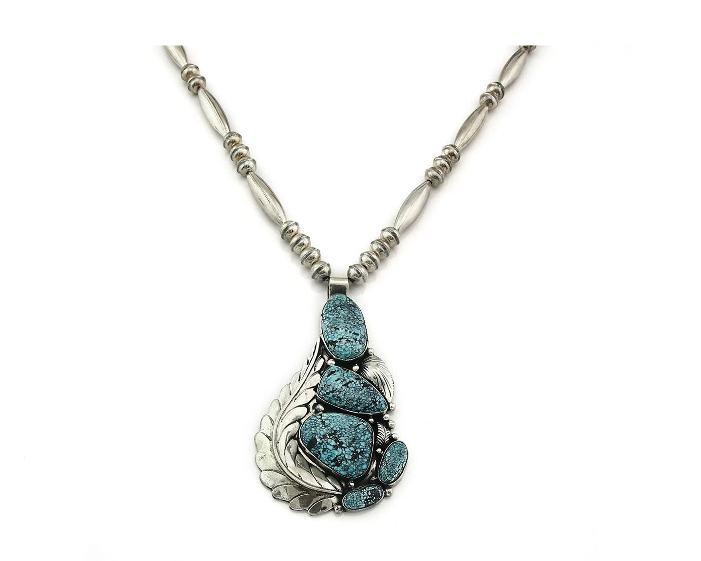 Navajo Bead Necklace Sterling Silver Fine Spiderweb Turquoise Signed Tom Willeto