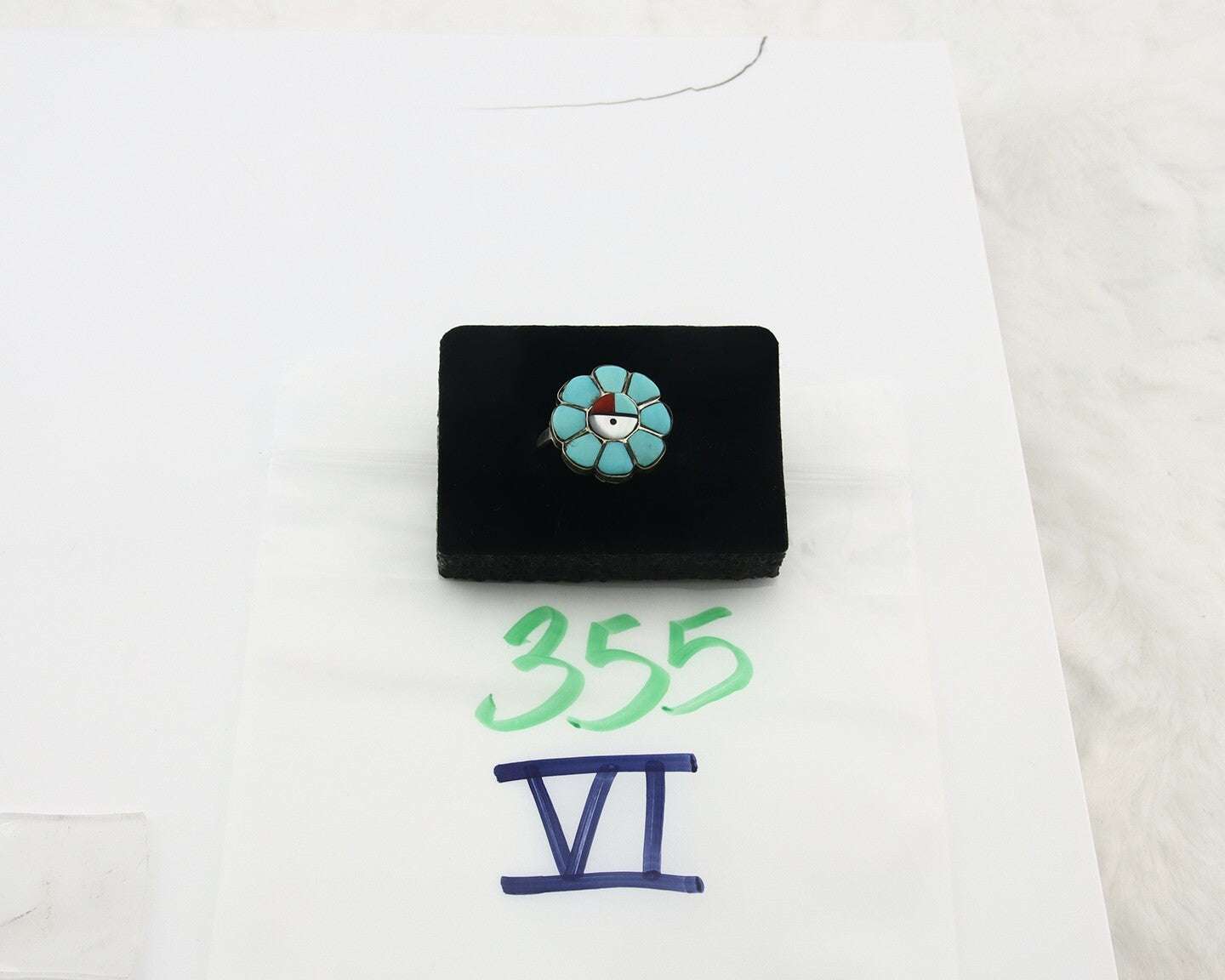 Vintage Zuni Ring 925 Sterling Silver Natural Gemstone Signed JV Size 7.75