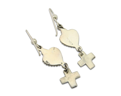 Navajo Earrings 925 Silver Heart Cross Natural Onyx Native American Artist C.80s