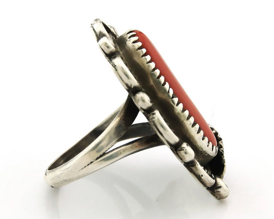 Navajo Coral Ring Sterling Silver Vintage Artist Signed E. K. B. Size 6.0