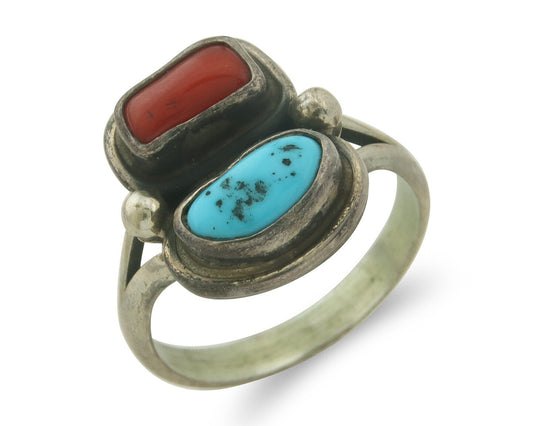 Vintage Navajo Ring 925 Sterling Natural Coral & Turquoise Native Artist Sz 9.0