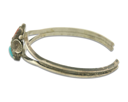 Navajo Bracelet 925 Silver Coral & Turquoise Cuff Signed C.80's