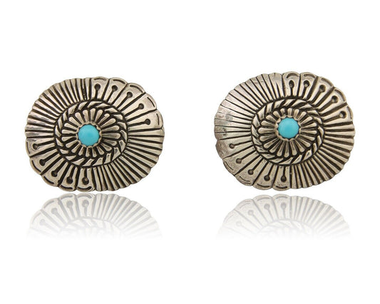 Navajo Concho Earrings 925 Silver Natural Turquoise Native American Artist C.80s