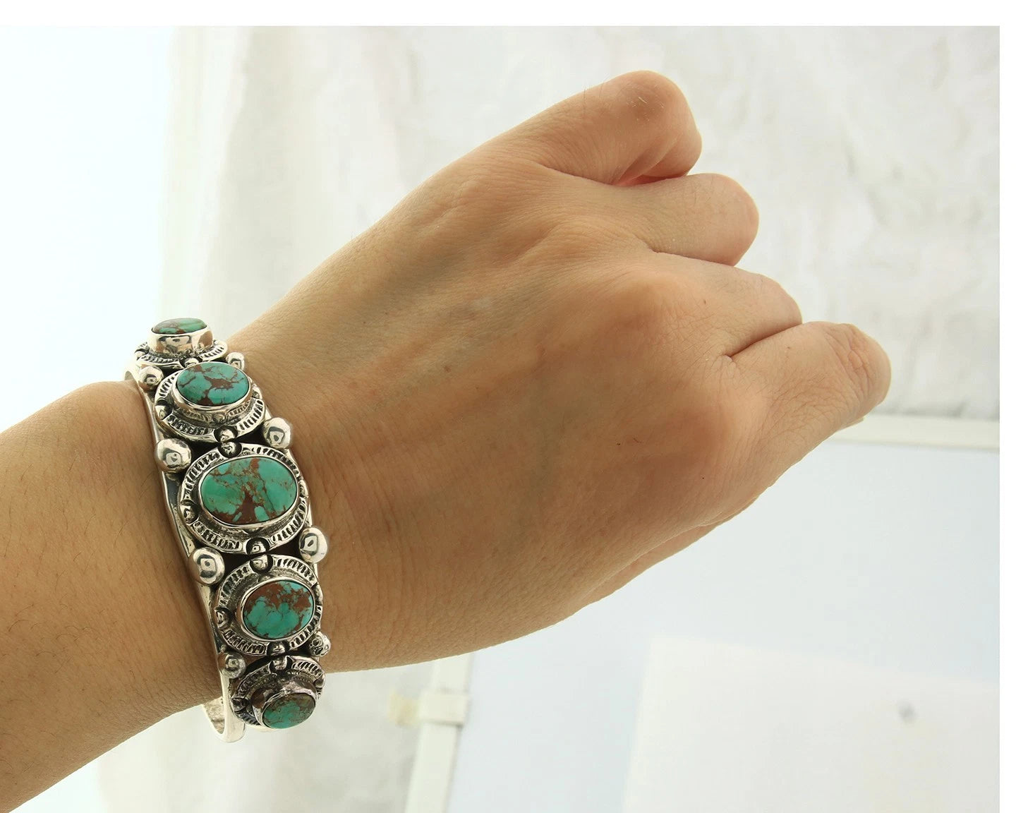 Navajo Cuff Bracelet Sterling Silver Turquoise Vintage Artist Signed
