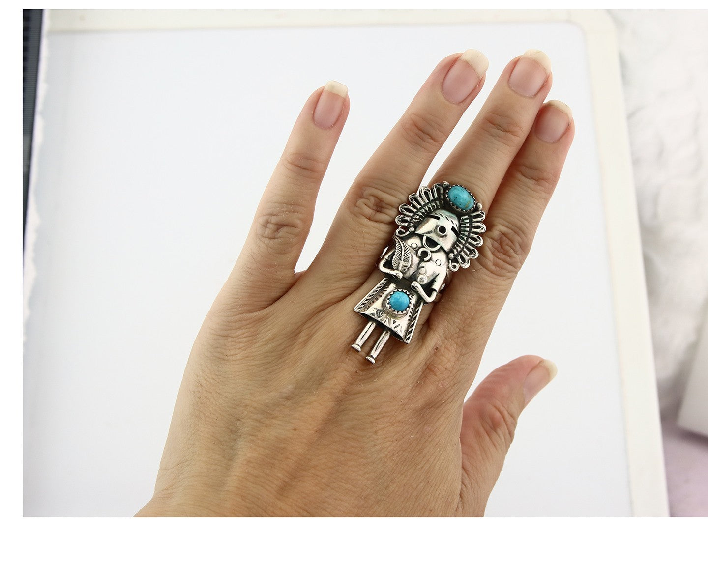 Vintage Navajo Ring 925 Silver Authentic Turquoise Signed Gomez Size 8.0