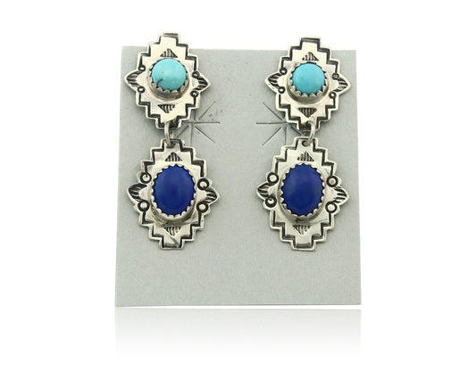 Navajo Earrings Sterling Silver Lapis & Truquoise Vintage Signed Mary Ellen