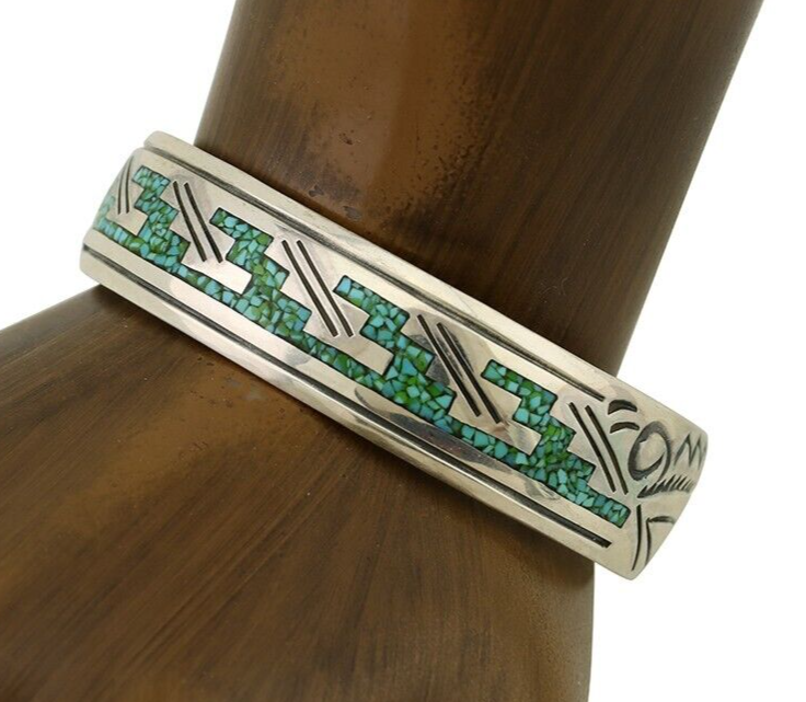 Navajo Inlay Bracelet 925 Silver Turquoise & Coral Signed Stanely Bain C.80's