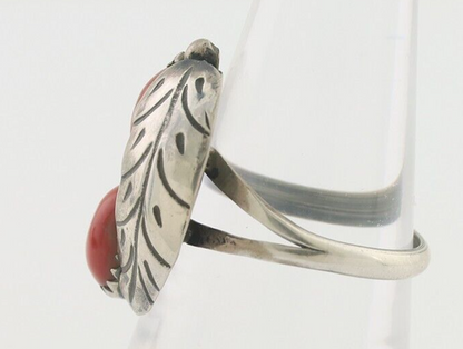 Navajo Handmade Ring 925 Silver Natural Mediterranean Coral Signed 88 C.80's