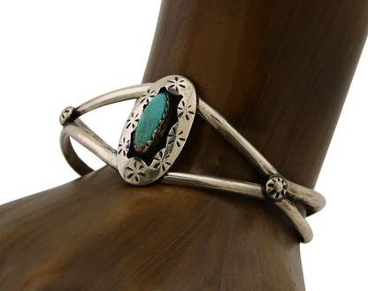 Navajo Hand Stamped Cuff Bracelet Turquoise 925 Silver Artist Signed IJC C.80's