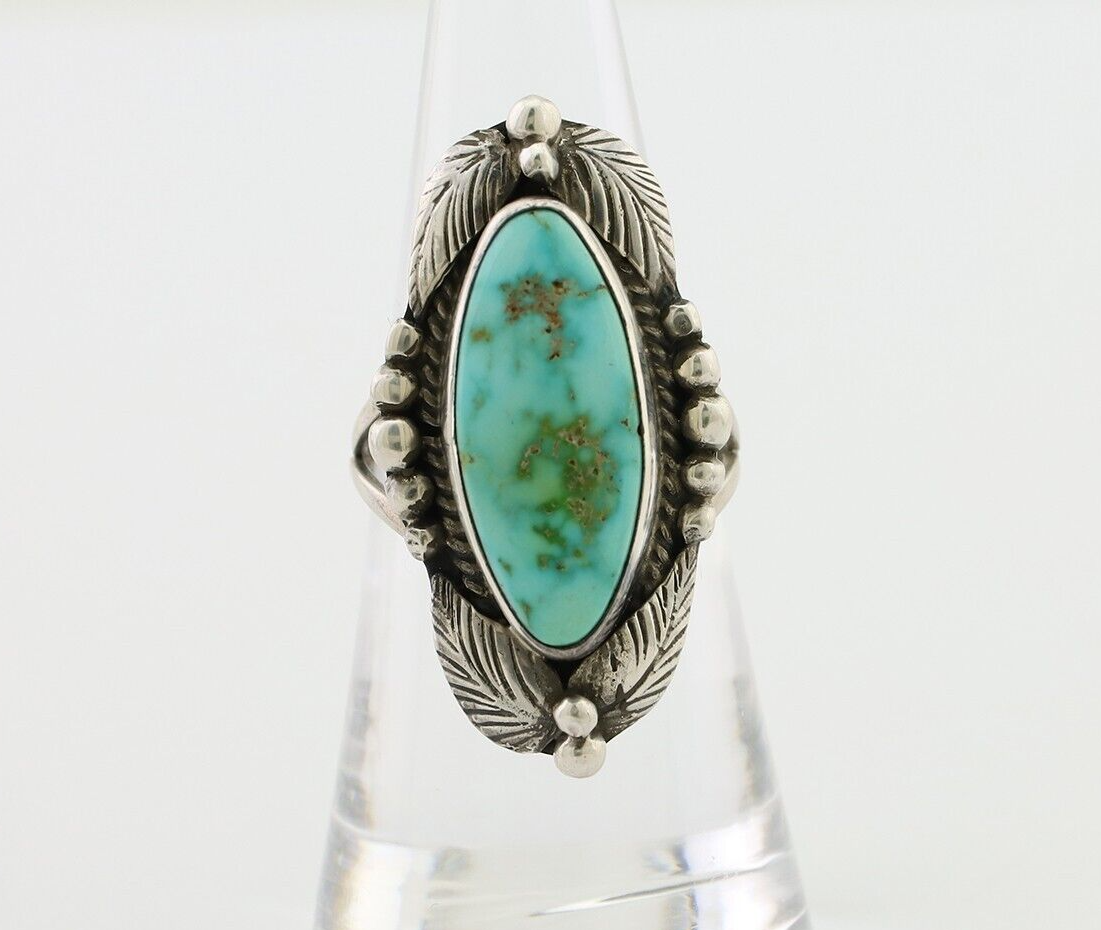 Navajo Ring 925 Silver Natural Blue Turquoise Artist Signed GR HEART C.80's