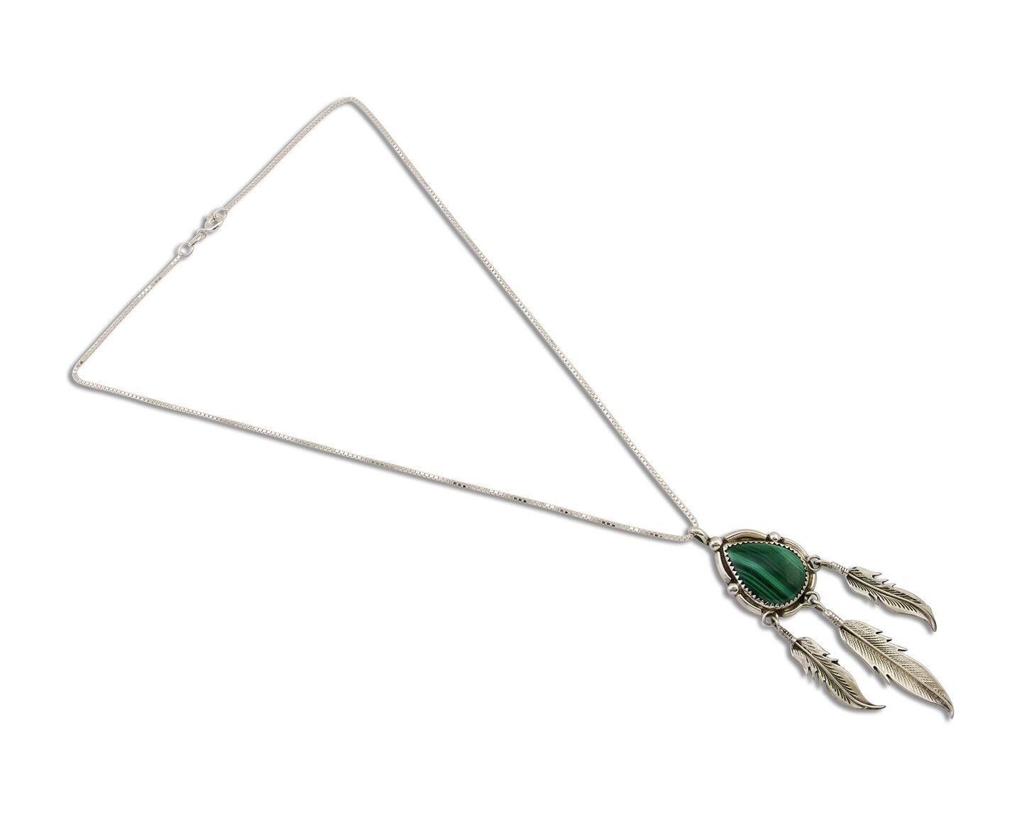 Large Navajo Pendant 925 Silver Natural Malachite Native American Artist C.80's