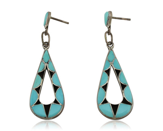 Navajo Handmade Earrings 925 Silver Blue Turquoise Native Artist C.80s