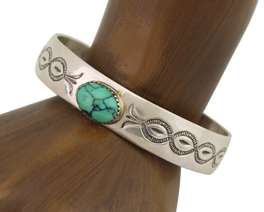 Navajo Cuff Bracelet Hand Stamped 925 Sterling Silver Natural Turquoise