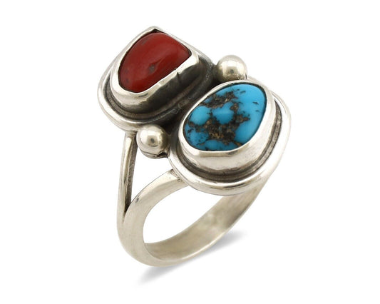 Navajo Ring 925 Silver SB Turquoise & Red Coral Native American Artist C.80s