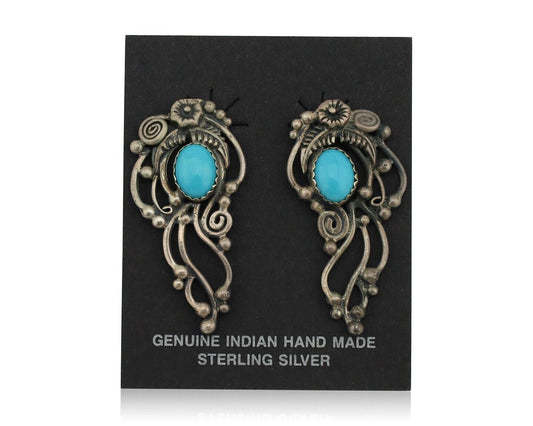 Navajo Earrings 925 Silver Natural Blue Turquoise Native American Artist C.80s