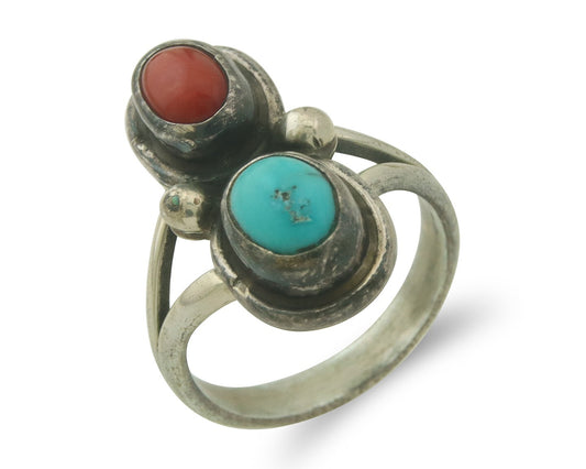 Vintage Navajo Ring 925 Sterling Natural Coral & Turquoise Native Artist Sz 6.0