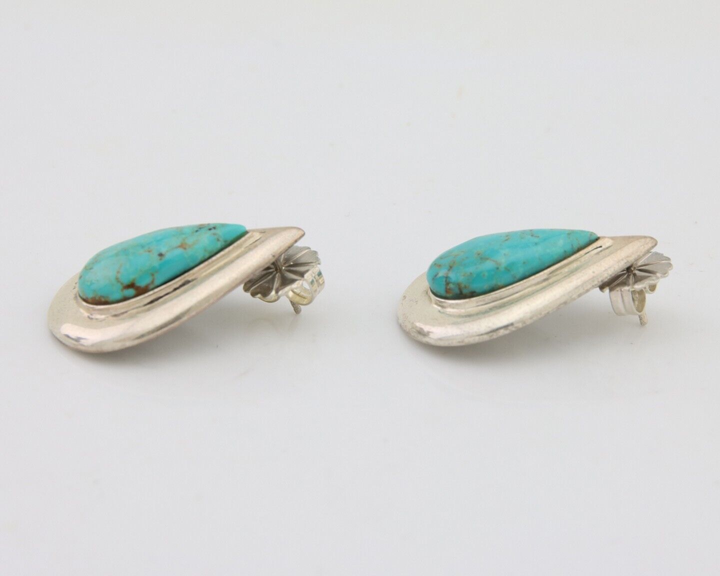 Navajo Dangle Earrings 925 Silver Natural Turquoise Signed Thomas Charay C.1988