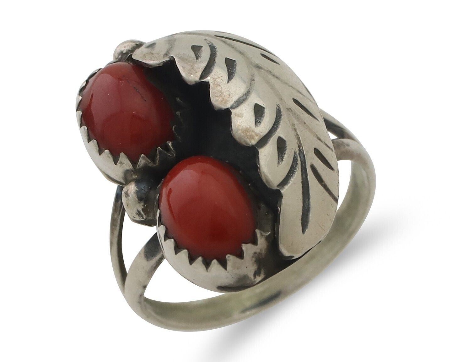 Navajo Handmade Ring 925 Silver Natural Mediterranean Coral Signed 88 C.80's