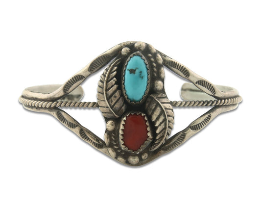 Vintage Navajo Bracelet 925 Silver Red Coral Turquoise Signed SC