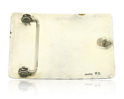 Vintage Navajo Belt Buckle 925 Silver Handmade Inlaid Gemstone Signed HB