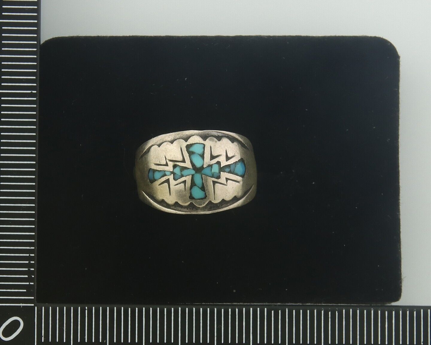 Navajo Ring 925 Silver Inlaid Turquoise Native American Artist C.80's Size 4.25