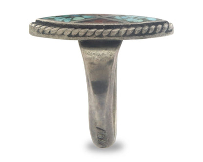 Navajo Ring 925 Sterling Natural Chip Inlay Coral & Turquoise C.80's Size 5.25
