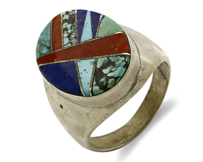 Navajo Ring .925 Sterling Silver Turquoise Coral Lapis Natural Gemstone Artist