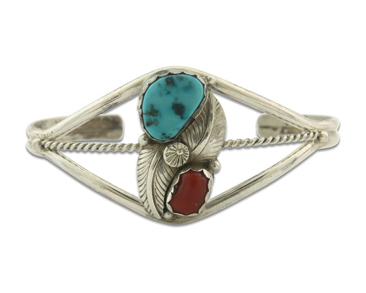 Vintage Navajo Bracelet 925 Silver Red Coral Turquoise Signed Paul J