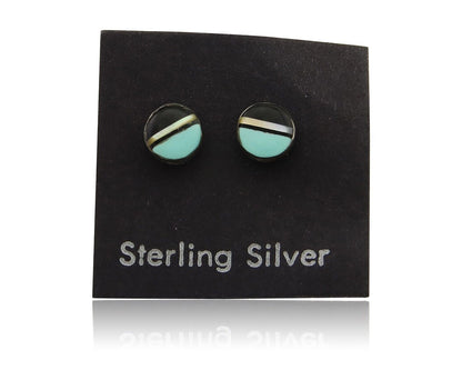 Navajo Earrings 925 Silver Inlaid Natural Onyx & Turquoise Native American C.80s