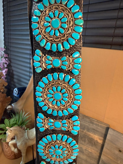 HUGE STATEMENT ZUNI Southwestern Blue Turquoise Sterling Silver Handmade Concho Belt Signed Jack Weekoty