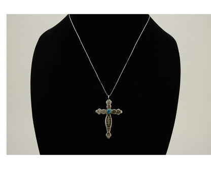 Navajo Cross Hand Stamped Necklace 925 Silver Turquoise Native Artist C.80's