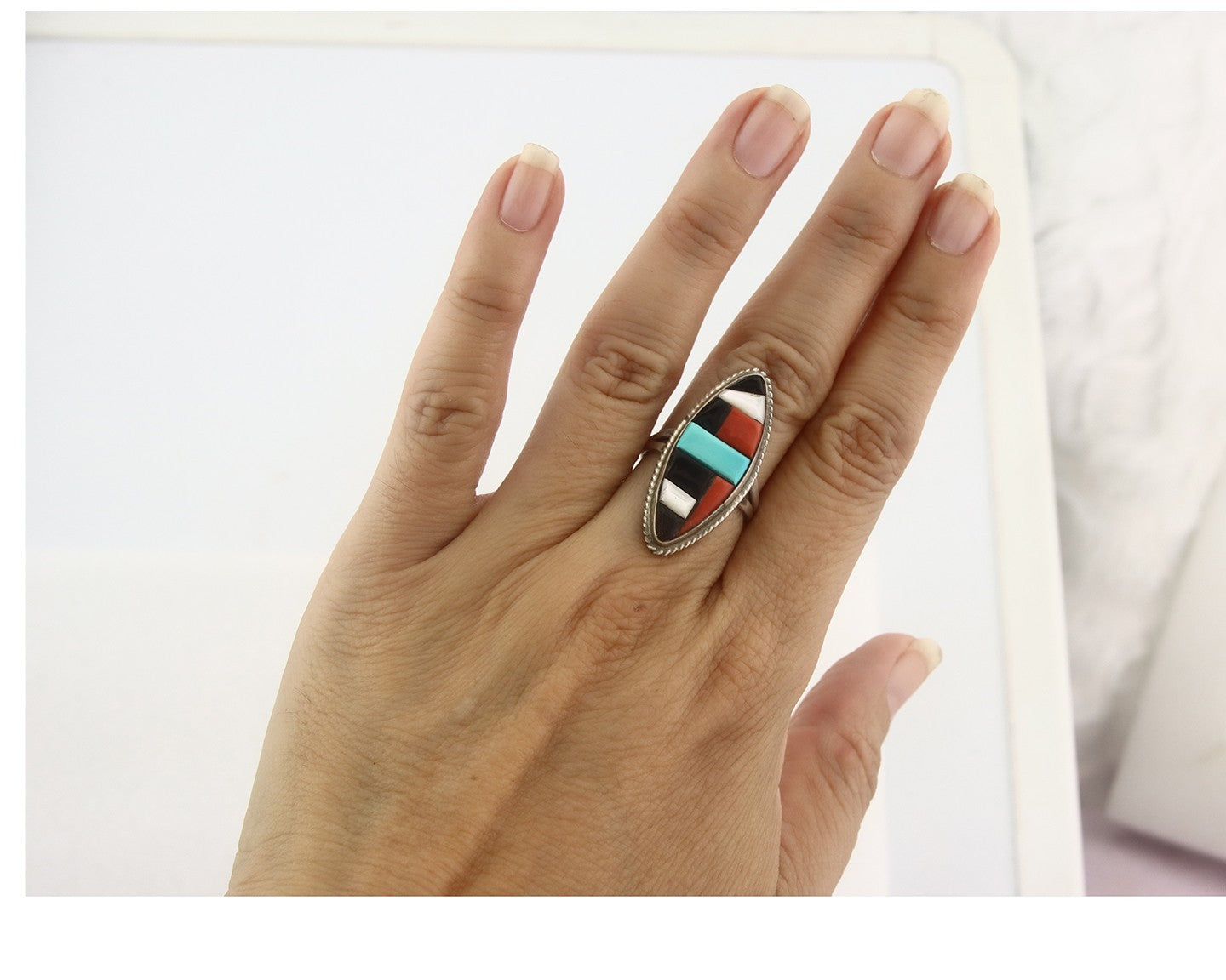 Vintage Zuni Ring Sterling Silver Authentic Gemstone Handmade Size 6.25