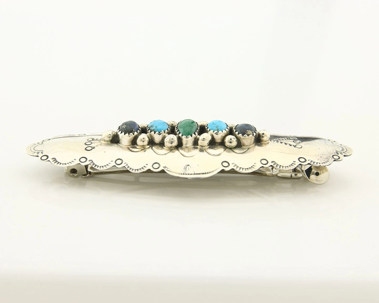 Navajo Barrette Sterling Silver Gemstones Hand Stamped Vintage Native Artist