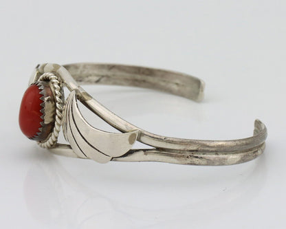 Navajo Bracelet 925 Silver Natural Red Coral Artist Signed Henry Sam 1980's