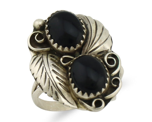 Navajo Ring 925 Silver Onyx Hand Stamped Artist Signed Tom Willeto C.80's