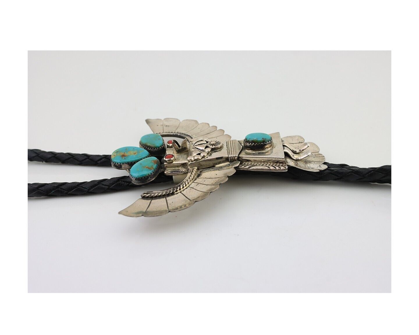 Navajo Bolo Tie 925 Silver Coral & Turquoise Signed M Broken Arrow C.80's