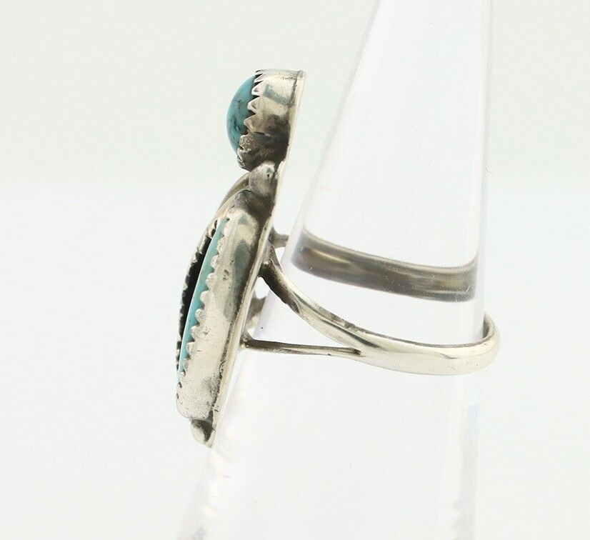 Navajo 2 Stone Ring 925 Silver Kingman Turquoise Native American Artist C.80's