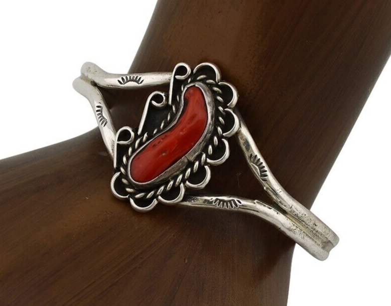 Navajo Bracelet 925 Silver Natural Red Coral Artist Signed L Begay C.80's