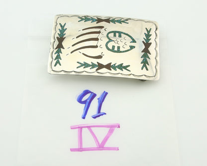 Vintage Navajo Belt Buckle 925 Silver Handmade Inlaid Gemstone Signed HB