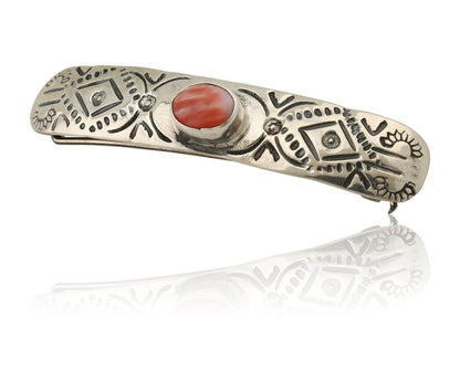 Women Navajo Hair Clip Barrette 925 Silver White Red Spiney Oyster Native Artist