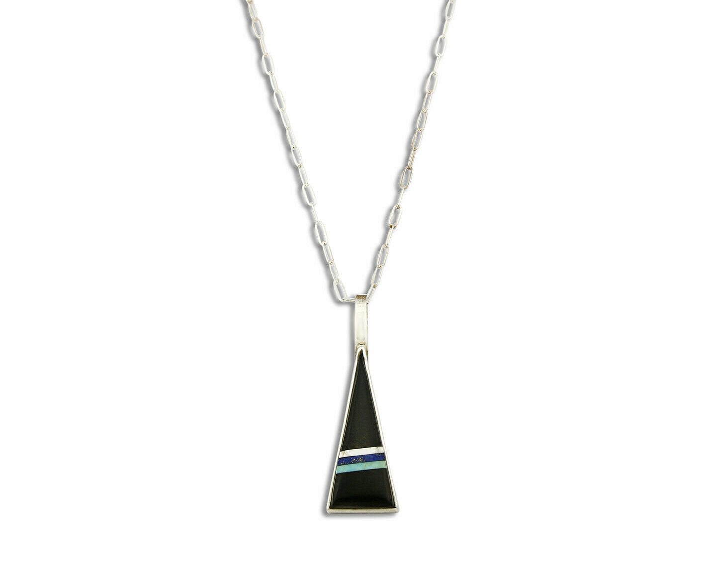 C.80's Navajo Herbert & Veronica Thompson .925 Inlaid Gemstone Triangle Necklace